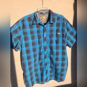 EDDIE BAUER TRAVEX Poly Nylon Travel Shirt Plaid Blue Men's Sz XL. Wicking Hike
